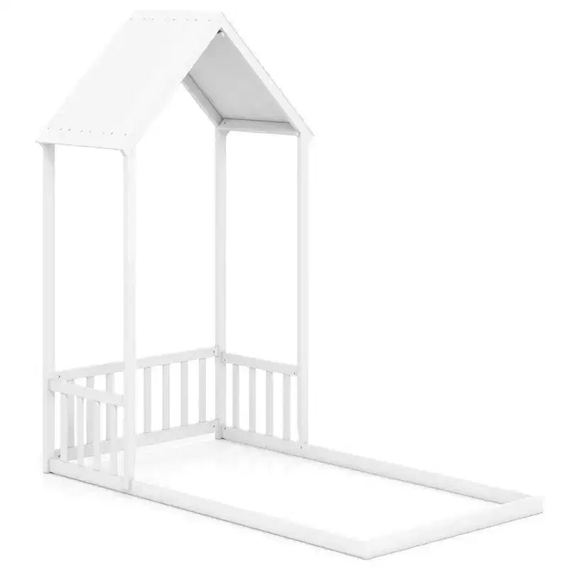 Twin Size House Bed Montessori Floor Bed with House-Shape Roof and Semi-Fence, Natural/White/Gray