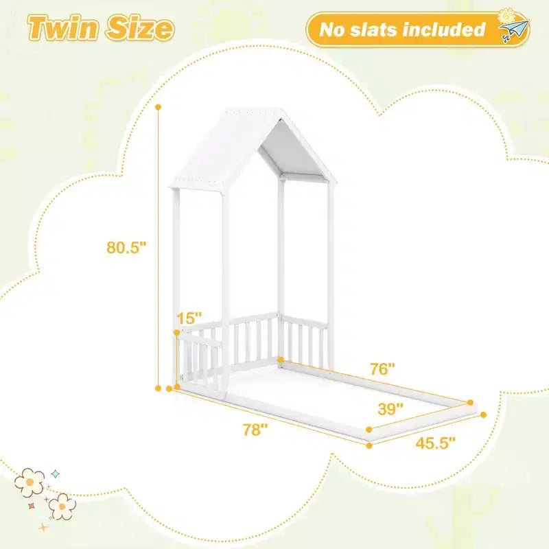 Twin Size House Bed Montessori Floor Bed with House-Shape Roof and Semi-Fence, Natural/White/Gray