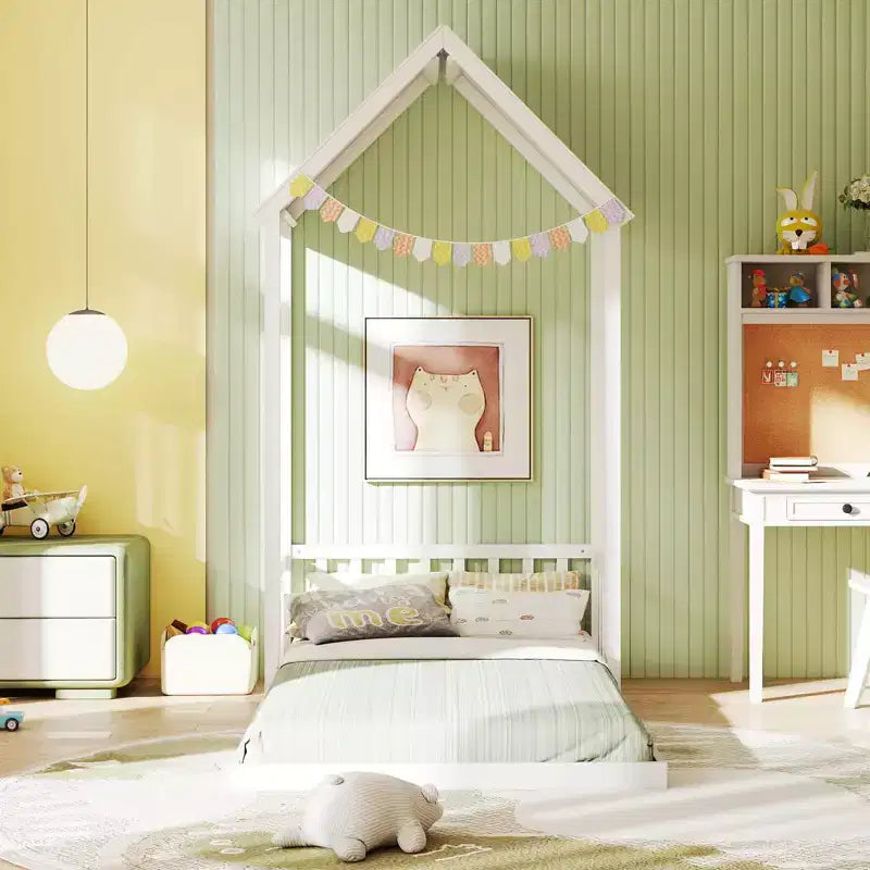 Twin Size House Bed Montessori Floor Bed with House-Shape Roof and Semi-Fence, Natural/White/Gray