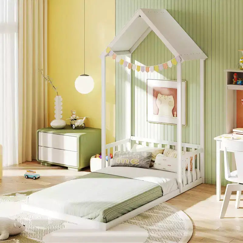 Twin Size House Bed Montessori Floor Bed with House-Shape Roof and Semi-Fence, Natural/White/Gray