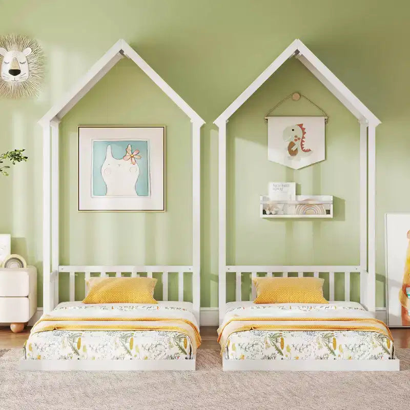 Twin Size House Bed Montessori Floor Bed with House-Shape Roof and Semi-Fence, Natural/White/Gray