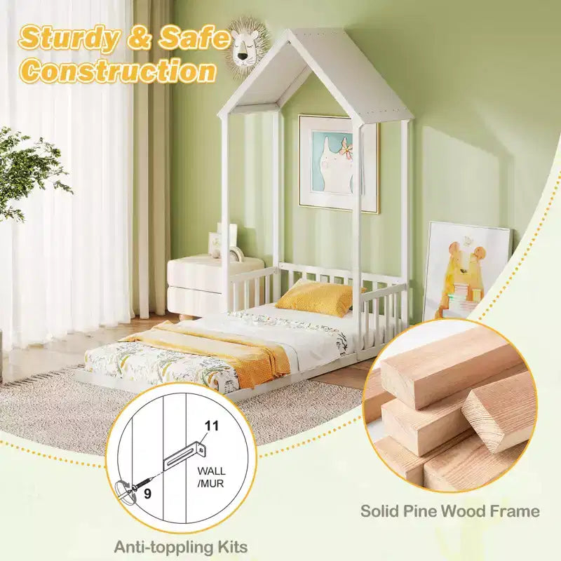 Twin Size House Bed Montessori Floor Bed with House-Shape Roof and Semi-Fence, Natural/White/Gray