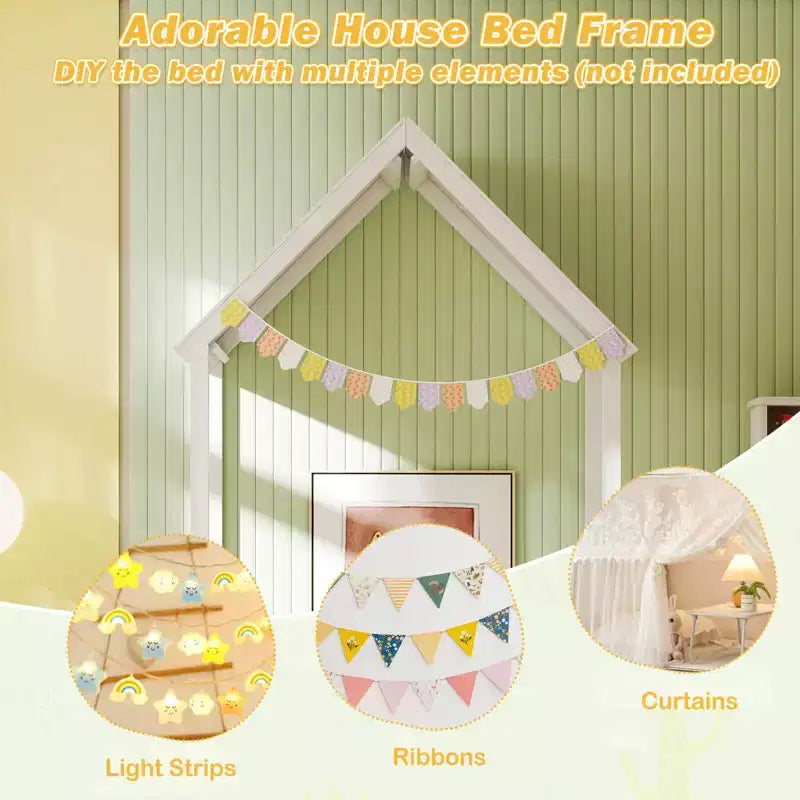 Twin Size House Bed Montessori Floor Bed with House-Shape Roof and Semi-Fence, Natural/White/Gray