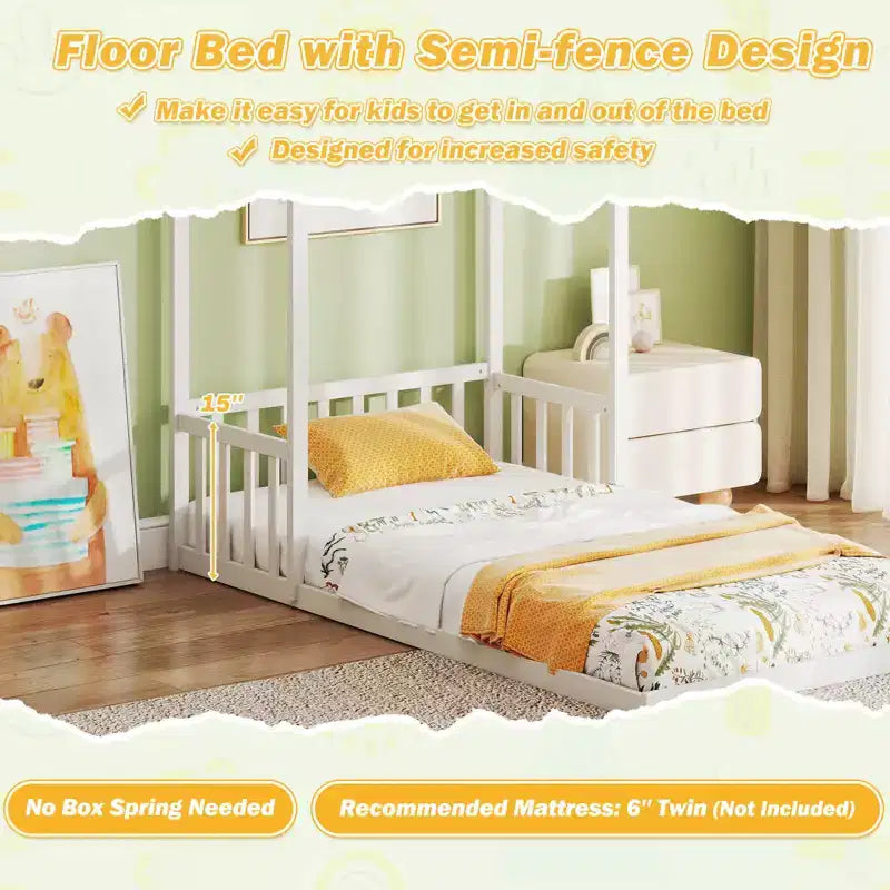 Twin Size House Bed Montessori Floor Bed with House-Shape Roof and Semi-Fence, Natural/White/Gray