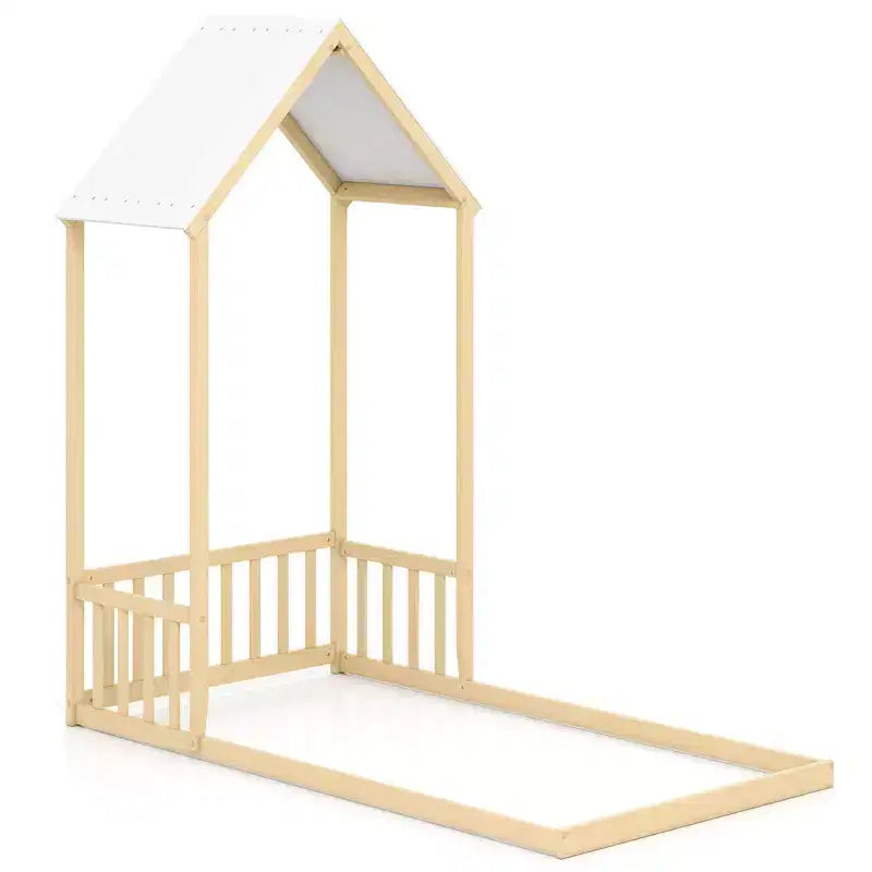 Twin Size House Bed Montessori Floor Bed with House-Shape Roof and Semi-Fence, Natural/White/Gray