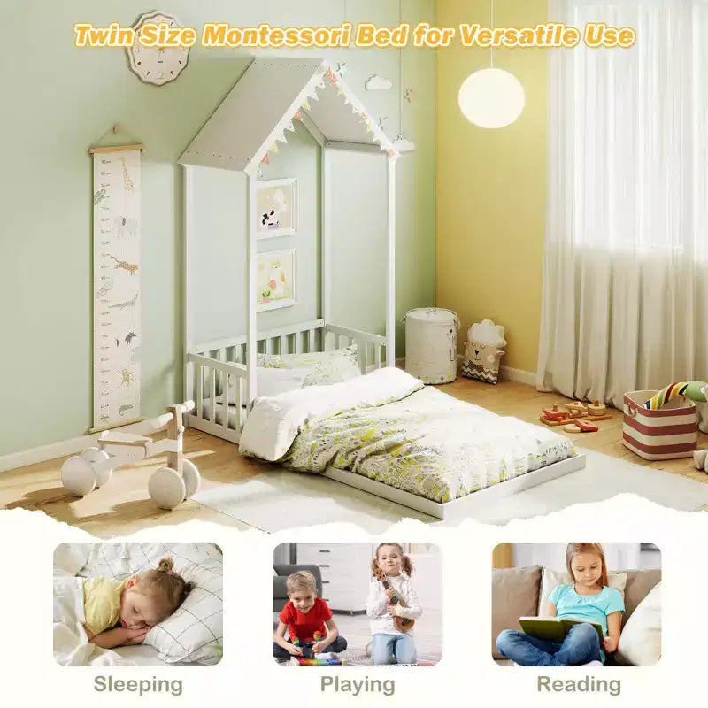 Twin Size House Bed Montessori Floor Bed with House-Shape Roof and Semi-Fence, Natural/White/Gray