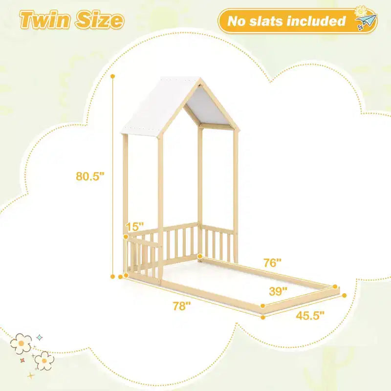Twin Size House Bed Montessori Floor Bed with House-Shape Roof and Semi-Fence, Natural/White/Gray