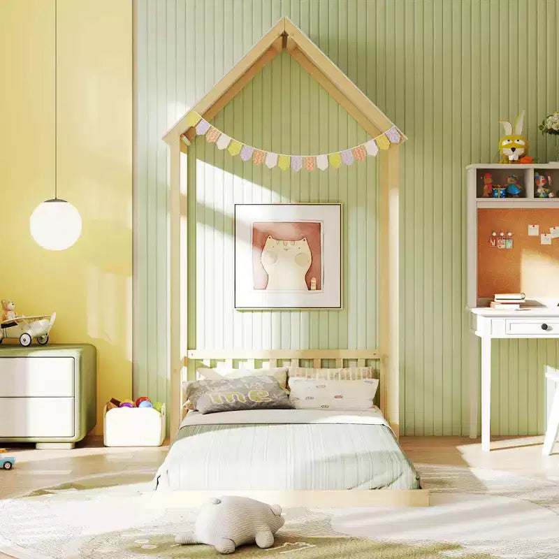 Twin Size House Bed Montessori Floor Bed with House-Shape Roof and Semi-Fence, Natural/White/Gray