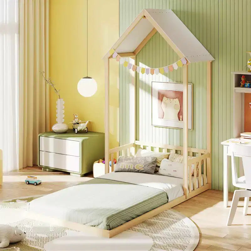 Twin Size House Bed Montessori Floor Bed with House-Shape Roof and Semi-Fence, Natural/White/Gray