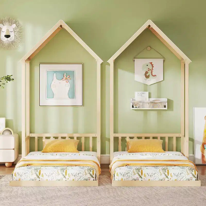 Twin Size House Bed Montessori Floor Bed with House-Shape Roof and Semi-Fence, Natural/White/Gray