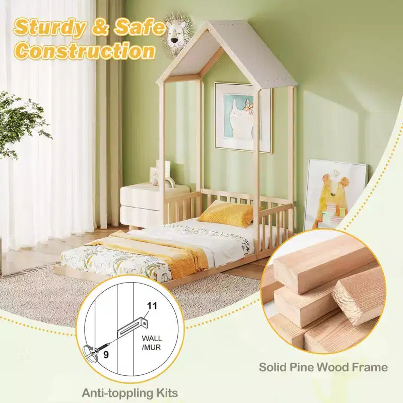Twin Size House Bed Montessori Floor Bed with House-Shape Roof and Semi-Fence, Natural/White/Gray
