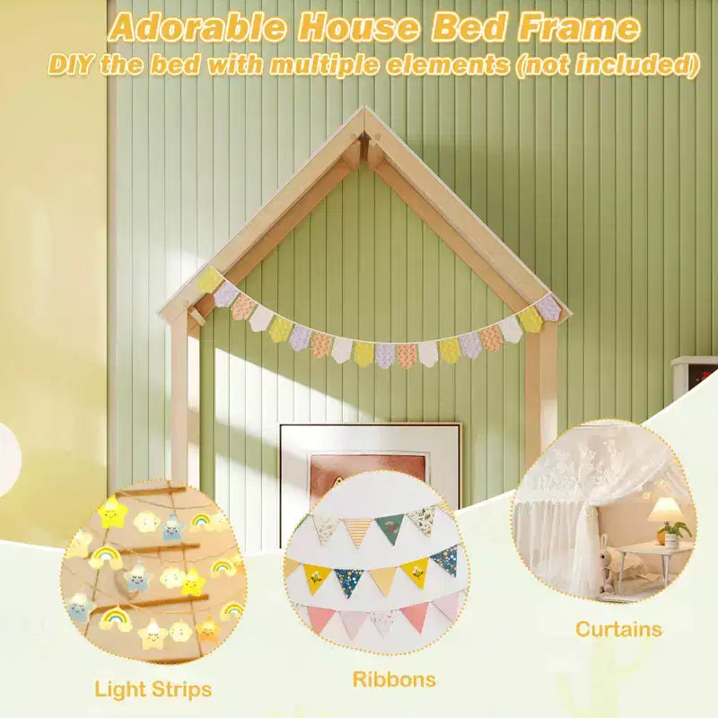 Twin Size House Bed Montessori Floor Bed with House-Shape Roof and Semi-Fence, Natural/White/Gray