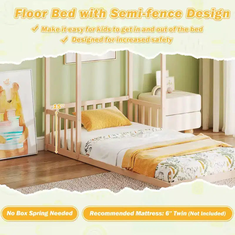 Twin Size House Bed Montessori Floor Bed with House-Shape Roof and Semi-Fence, Natural/White/Gray