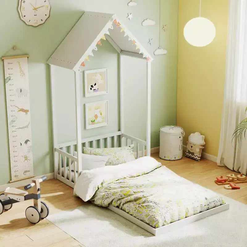 Twin Size House Bed Montessori Floor Bed with House-Shape Roof and Semi-Fence, Natural/White/Gray