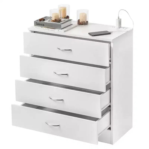 PB Wood Simple 4-Drawer Nightstand with USB Ports & Outlet, White
