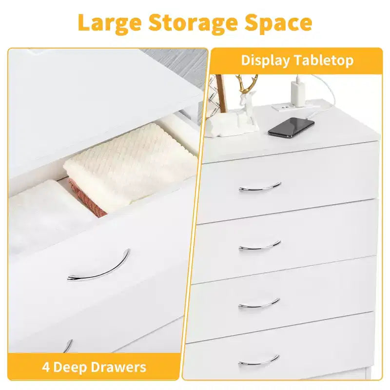 4-Drawer Nightstand with USB Ports & Outlet, White, Solid Wood Bedroom Side Table