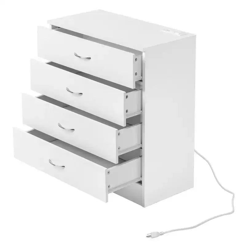 4-Drawer Nightstand with USB Ports & Outlet, White, Solid Wood Bedroom Side Table
