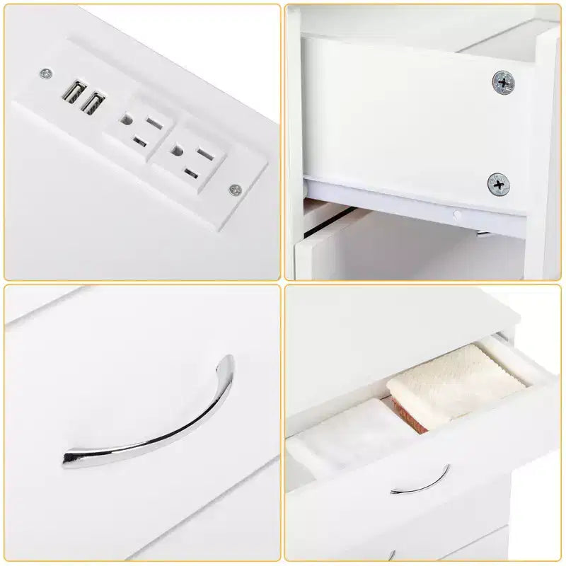 4-Drawer Nightstand with USB Ports & Outlet, White, Solid Wood Bedroom Side Table