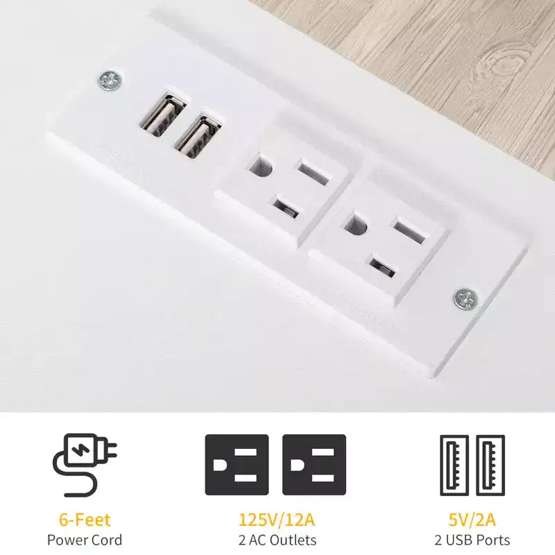 4-Drawer Nightstand with USB Ports & Outlet, White, Solid Wood Bedroom Side Table