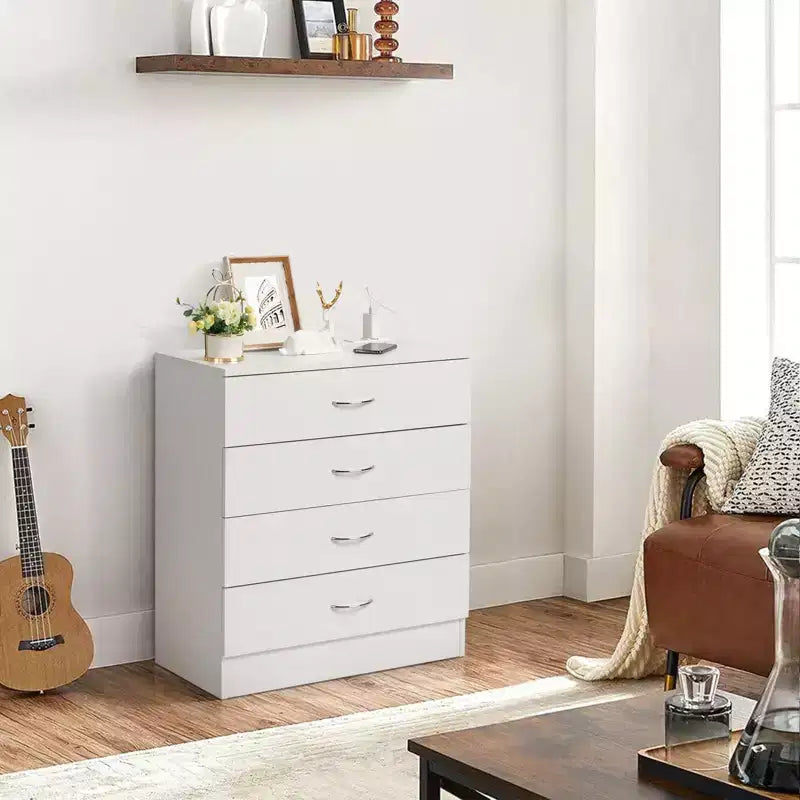 4-Drawer Nightstand with USB Ports & Outlet, White, Solid Wood Bedroom Side Table