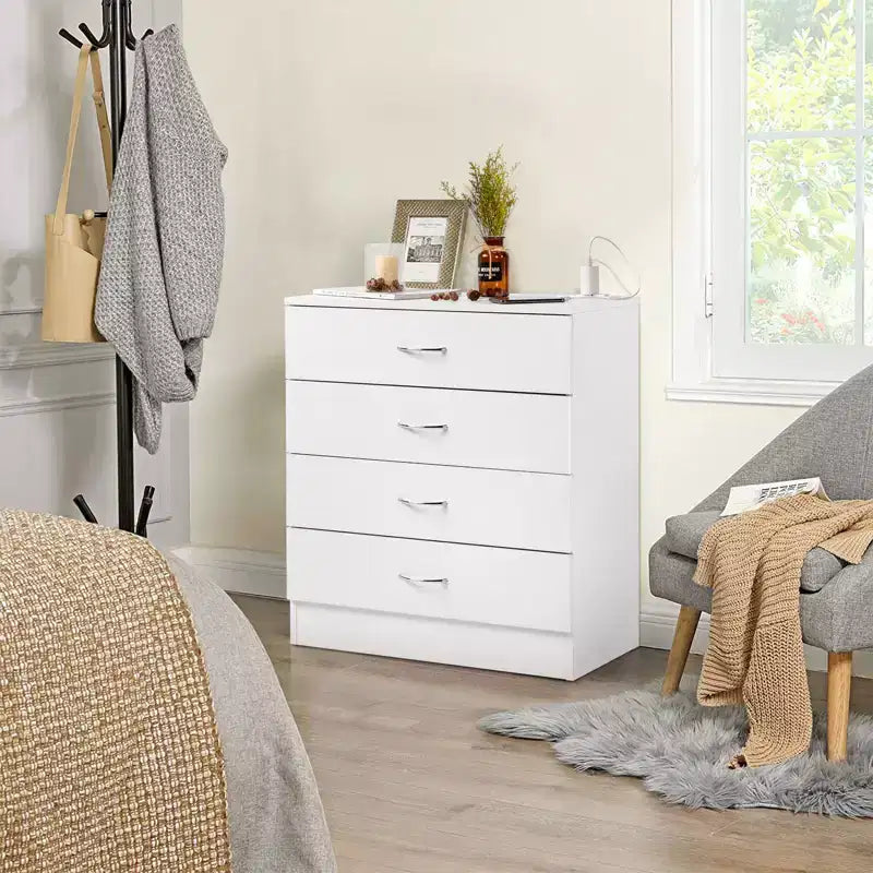 4-Drawer Nightstand with USB Ports & Outlet, White, Solid Wood Bedroom Side Table