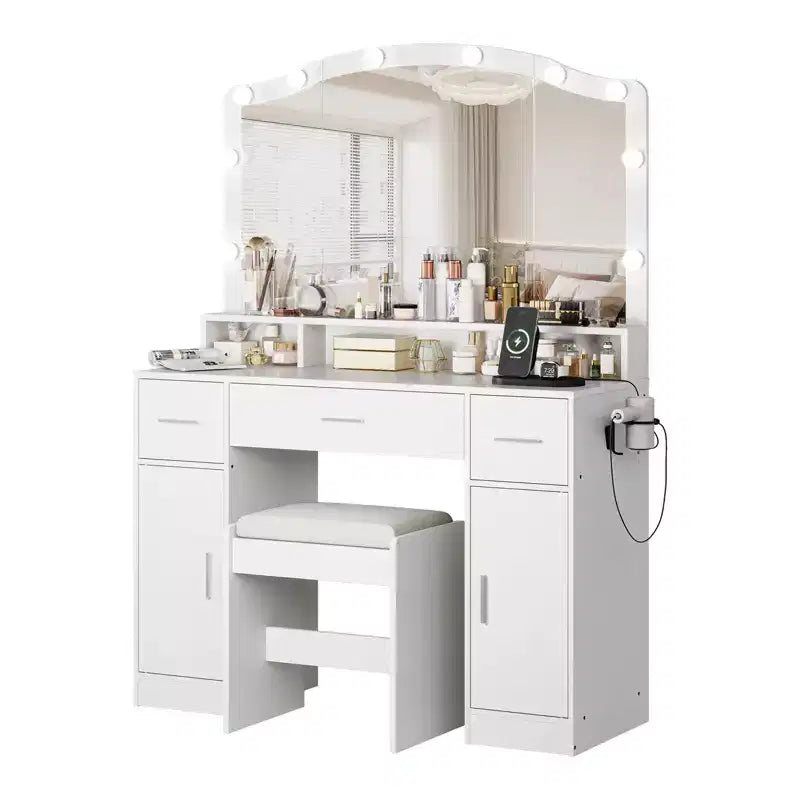 Vanity Desk with Mirror & Lights, Makeup Table Set with Stool, 3 Drawers, Cabinets & Charging Station