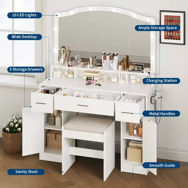 Vanity Desk with Mirror & Lights, Makeup Table Set with Stool, 3 Drawers, Cabinets & Charging Station