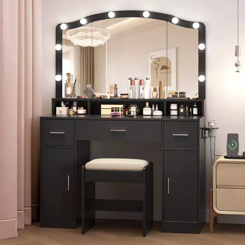 Vanity Desk with Mirror & Lights, Makeup Table Set with Stool, 3 Drawers, Cabinets & Charging Station