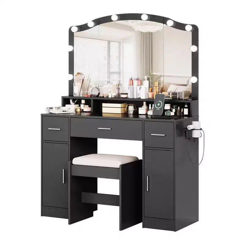 Vanity Desk with Mirror & Lights, Makeup Table Set with Stool, 3 Drawers, Cabinets & Charging Station