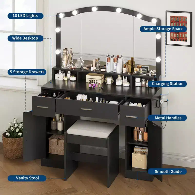 Vanity Desk with Mirror & Lights, Makeup Table Set with Stool, 3 Drawers, Cabinets & Charging Station