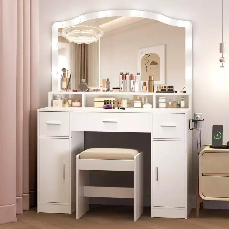 Vanity Desk with Mirror & Lights, Makeup Table Set with Stool, 3 Drawers, Cabinets & Charging Station