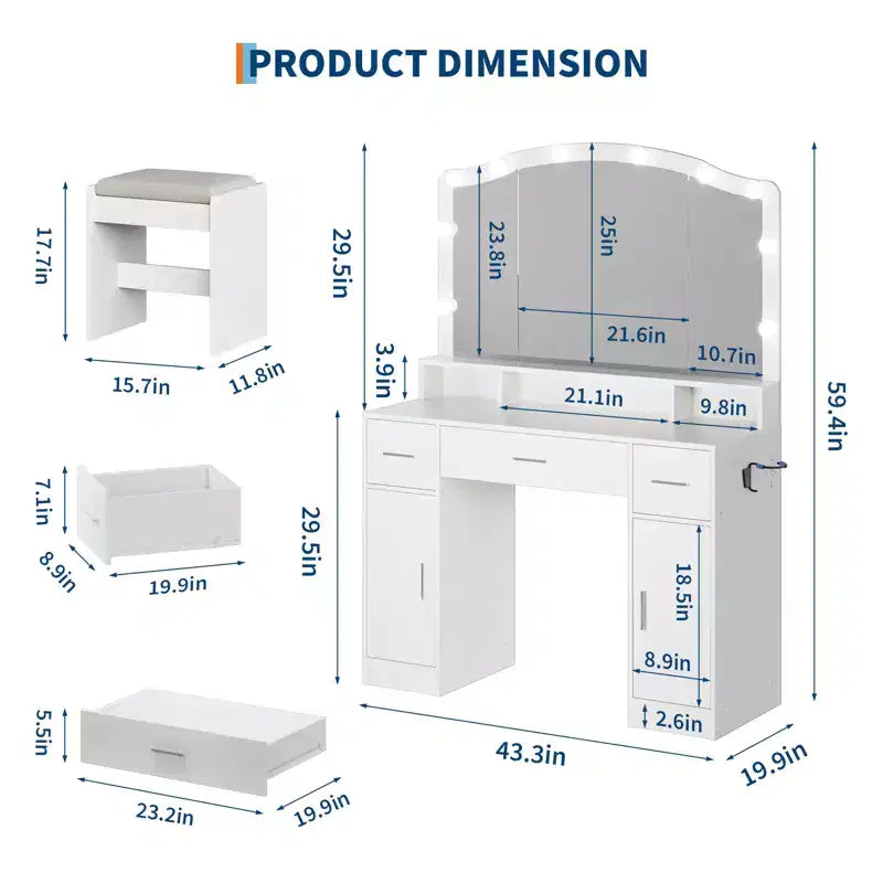 Vanity Desk with Mirror & Lights, Makeup Table Set with Stool, 3 Drawers, Cabinets & Charging Station