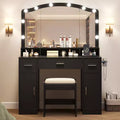 COZONY Vanity Desk with Mirror & Lights - Makeup Vanity Table Set with Stool, 3 Drawers, Cabinets & Charging Station