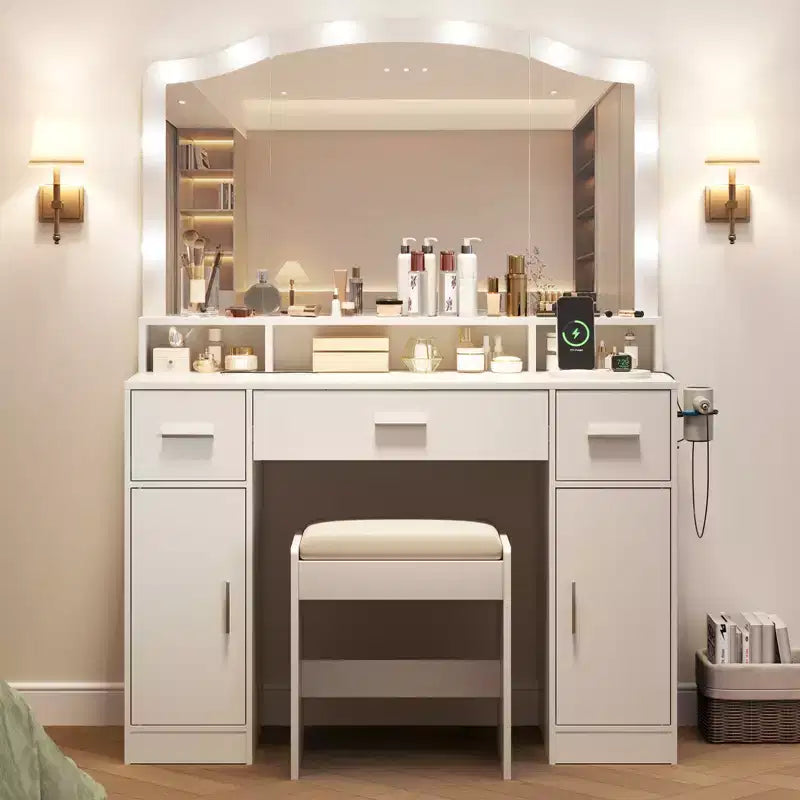 Vanity Desk with Mirror & Lights, Makeup Table Set with Stool, 3 Drawers, Cabinets & Charging Station