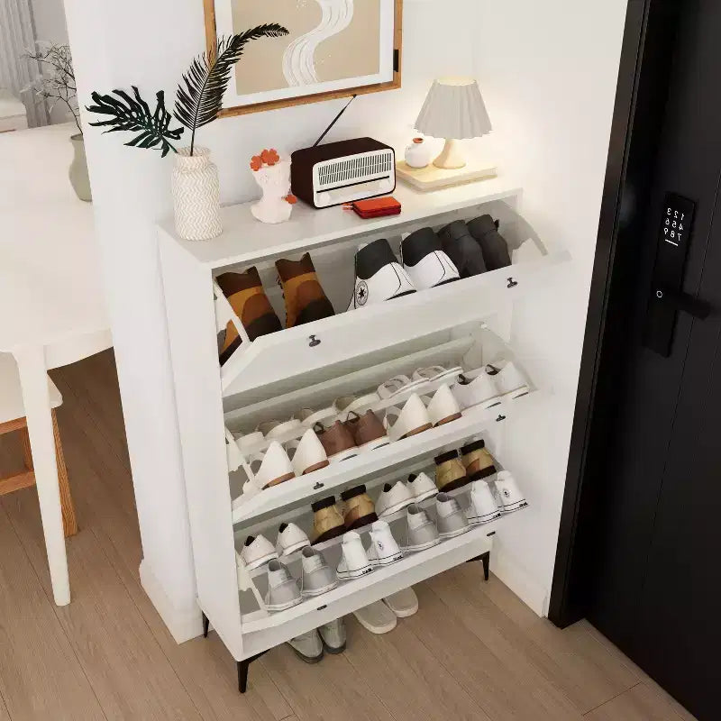 Narrow Shoe Cabinet with 3 Flip Drawers and Independent Legs, Glossy White, for Living Room, Hallway