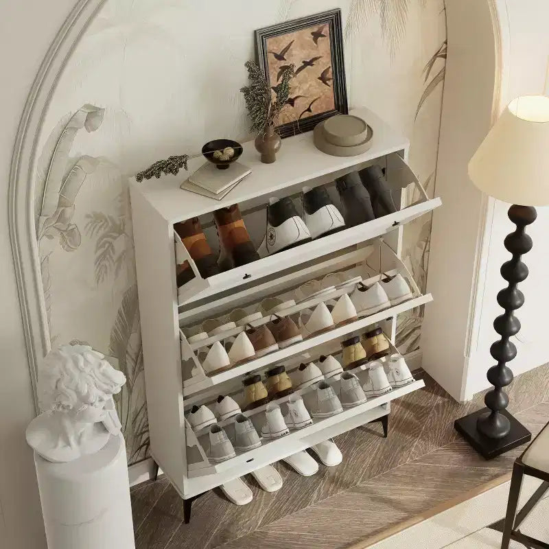 Narrow Shoe Cabinet with 3 Flip Drawers and Independent Legs, Glossy White, for Living Room, Hallway