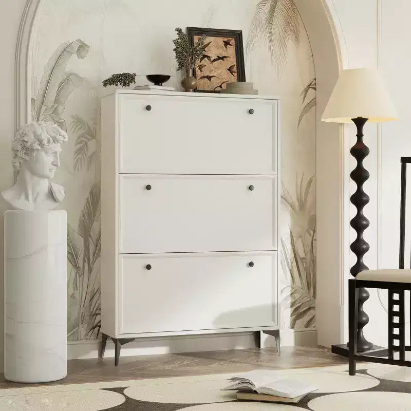 Narrow Shoe Cabinet with 3 Flip Drawers and Independent Legs, Glossy White, for Living Room, Hallway