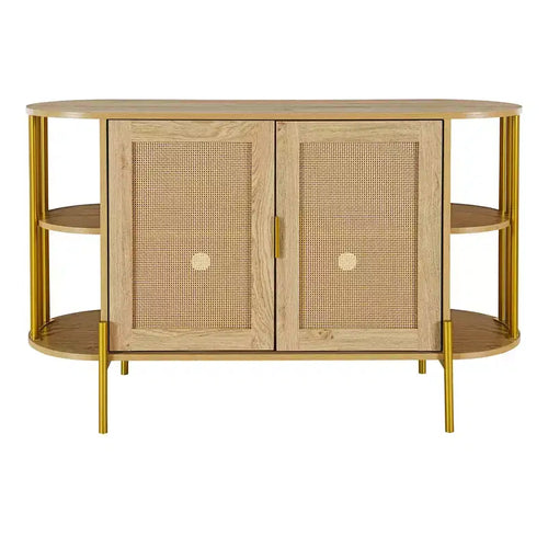 Hostack 2-Door Curved Sideboard Cabinet with Gold Trim and Woven Rattan Doors for Dining Room, Natural