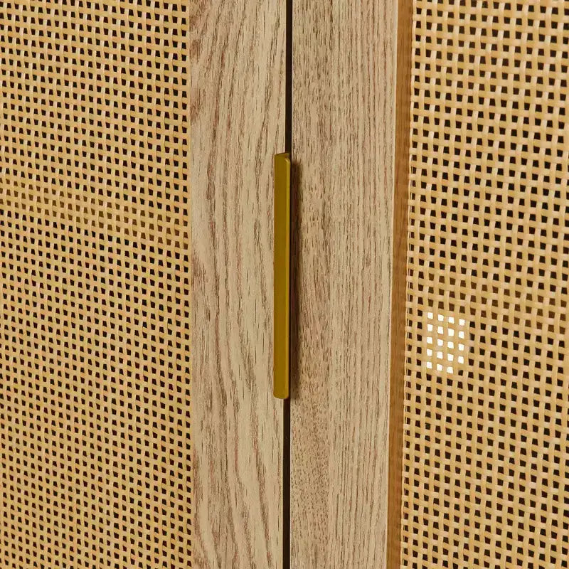 2-Door Curved Sideboard Cabinet with Gold Trim and Woven Rattan Doors for Dining Room, Natural