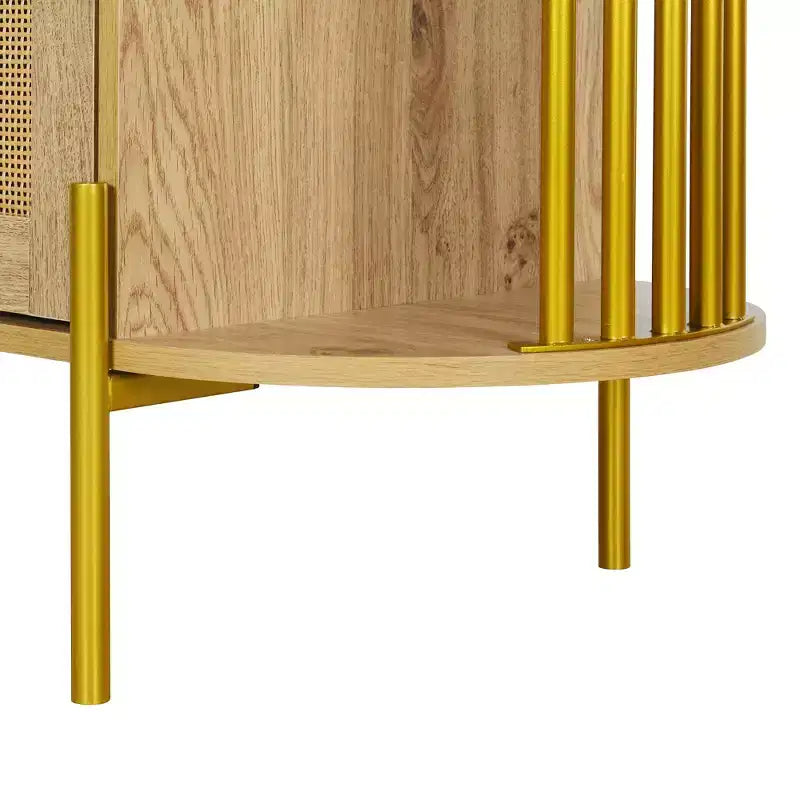 2-Door Curved Sideboard Cabinet with Gold Trim and Woven Rattan Doors for Dining Room, Natural