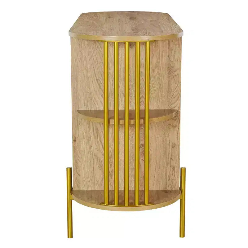 2-Door Curved Sideboard Cabinet with Gold Trim and Woven Rattan Doors for Dining Room, Natural