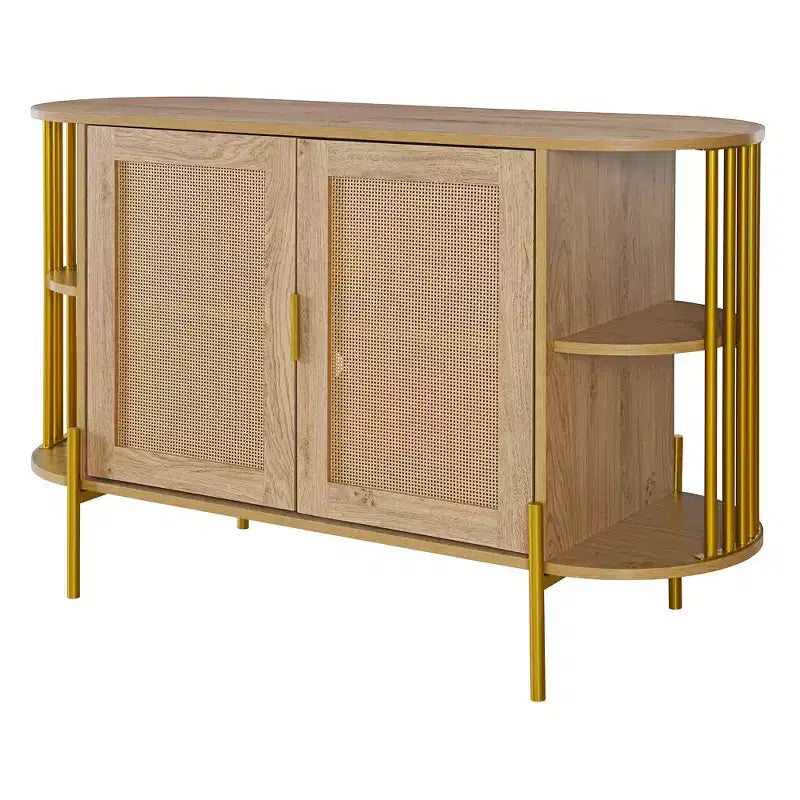 2-Door Curved Sideboard Cabinet with Gold Trim and Woven Rattan Doors for Dining Room, Natural