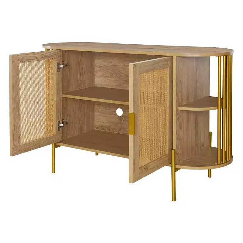 2-Door Curved Sideboard Cabinet with Gold Trim and Woven Rattan Doors for Dining Room, Natural
