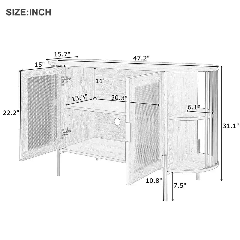 2-Door Curved Sideboard Cabinet with Gold Trim and Woven Rattan Doors for Dining Room, Natural