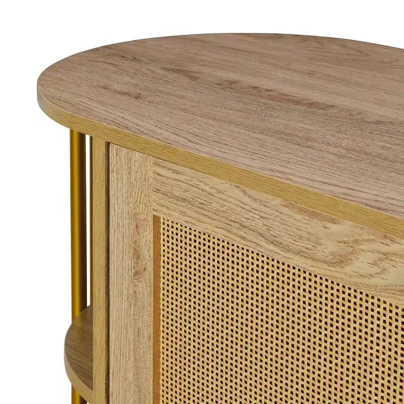 2-Door Curved Sideboard Cabinet with Gold Trim and Woven Rattan Doors for Dining Room, Natural