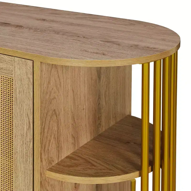 2-Door Curved Sideboard Cabinet with Gold Trim and Woven Rattan Doors for Dining Room, Natural