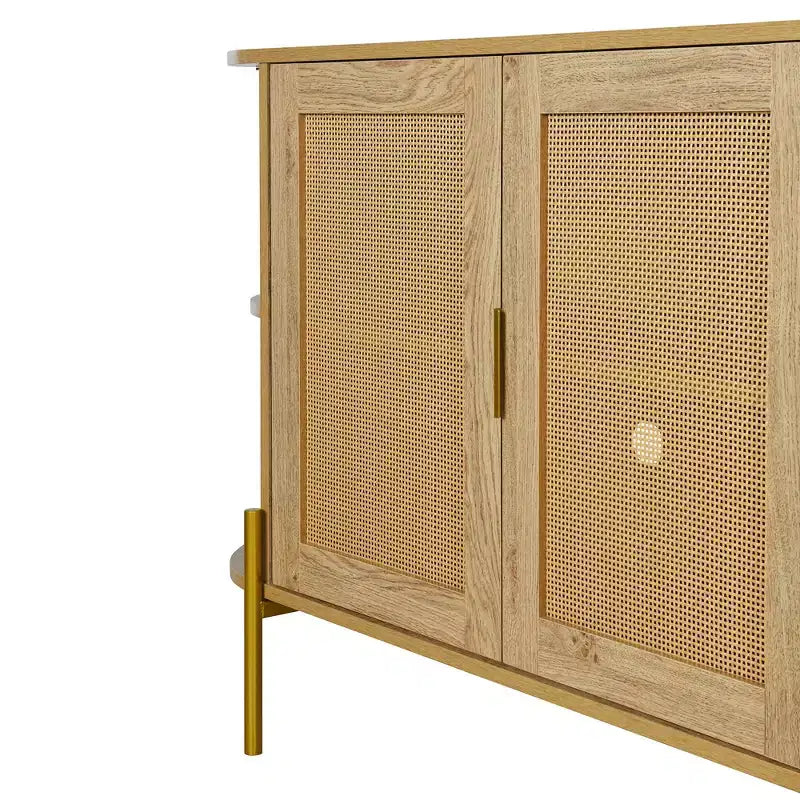2-Door Curved Sideboard Cabinet with Gold Trim and Woven Rattan Doors for Dining Room, Natural