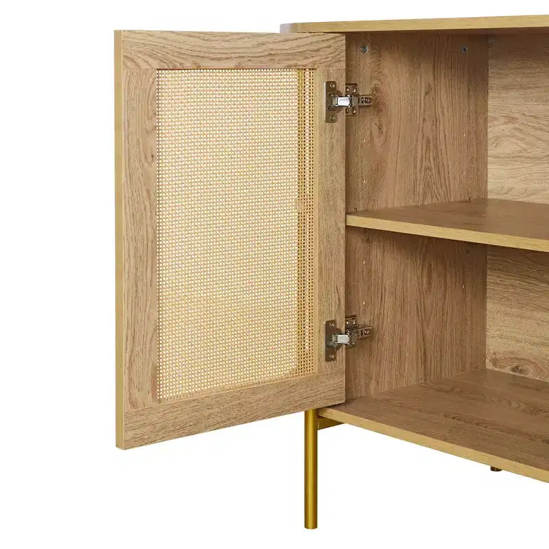2-Door Curved Sideboard Cabinet with Gold Trim and Woven Rattan Doors for Dining Room, Natural