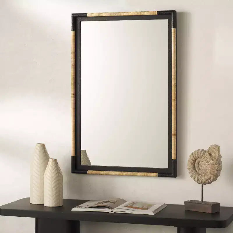 Rectangular Wall Mirror, 23.6 x 36.02 Inch, Natural and Black Frame, Decorative Home Mirror