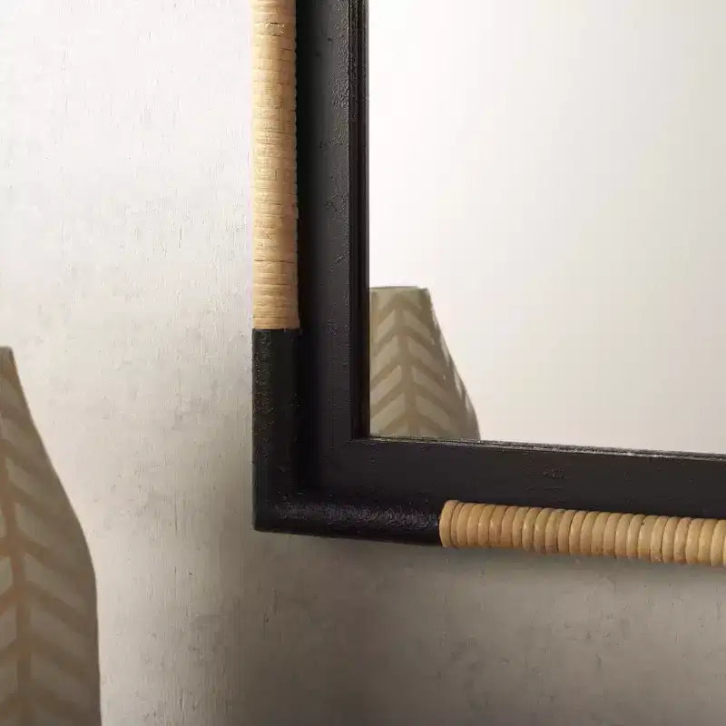 Rectangular Wall Mirror, 23.6 x 36.02 Inch, Natural and Black Frame, Decorative Home Mirror